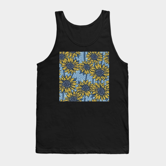 Blue and Yellow Sunflowers on a Blue Background with Polka Dots Repeat Pattern Tank Top by NattyDesigns